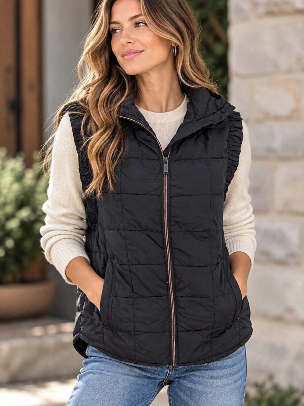 Free People Movement Quilted Hooded Vest in Black Size Small